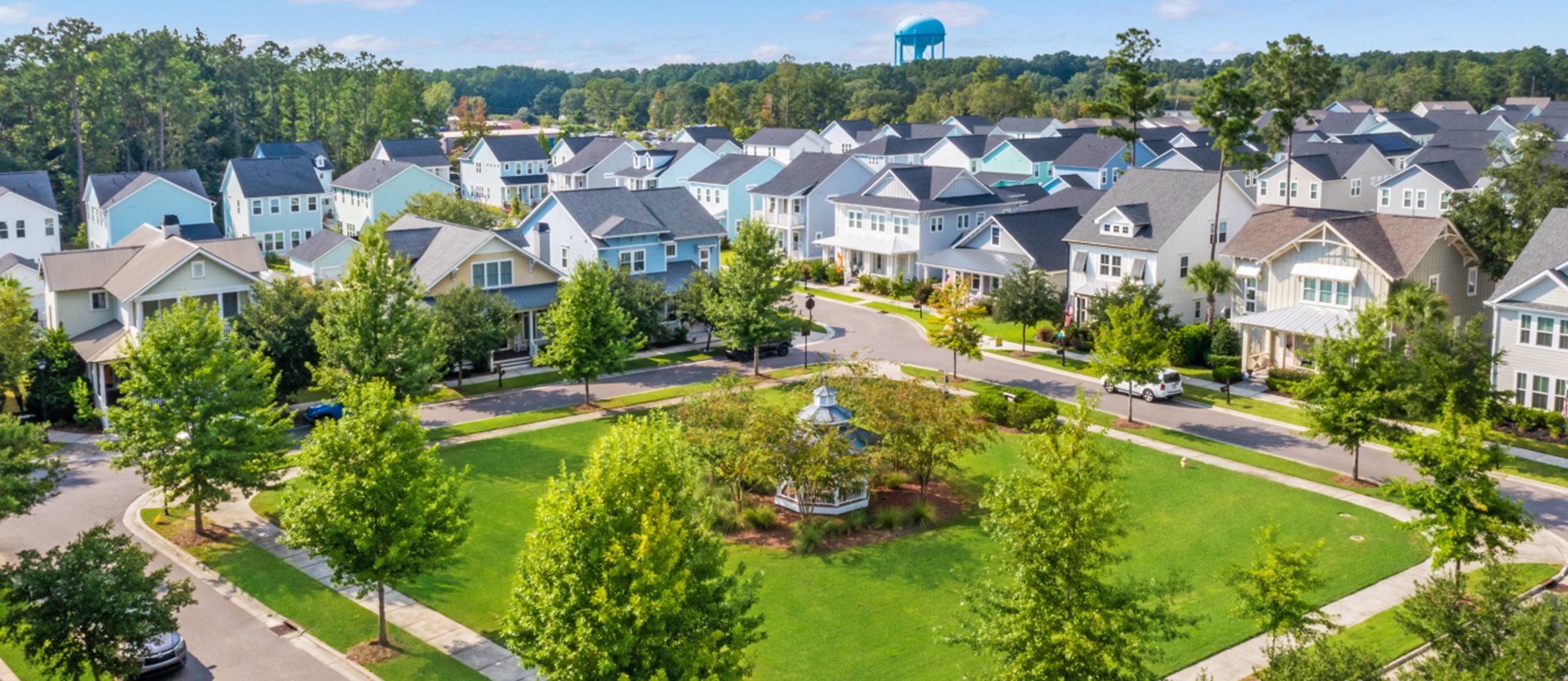 Aerial view of Limehouse Village courtyard and neighborhood