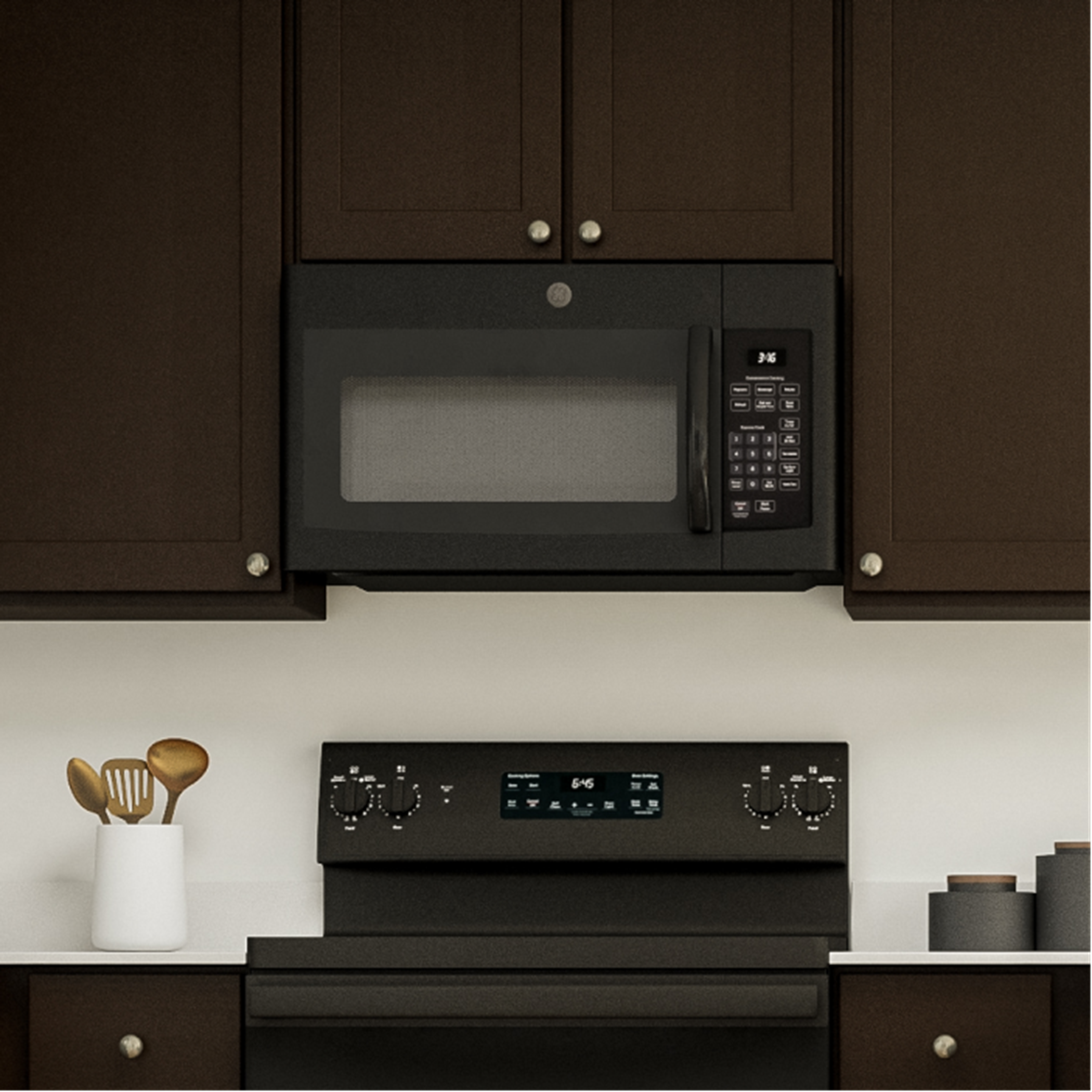 Red Oak Appliances, gas stove and microwave, in kitchen