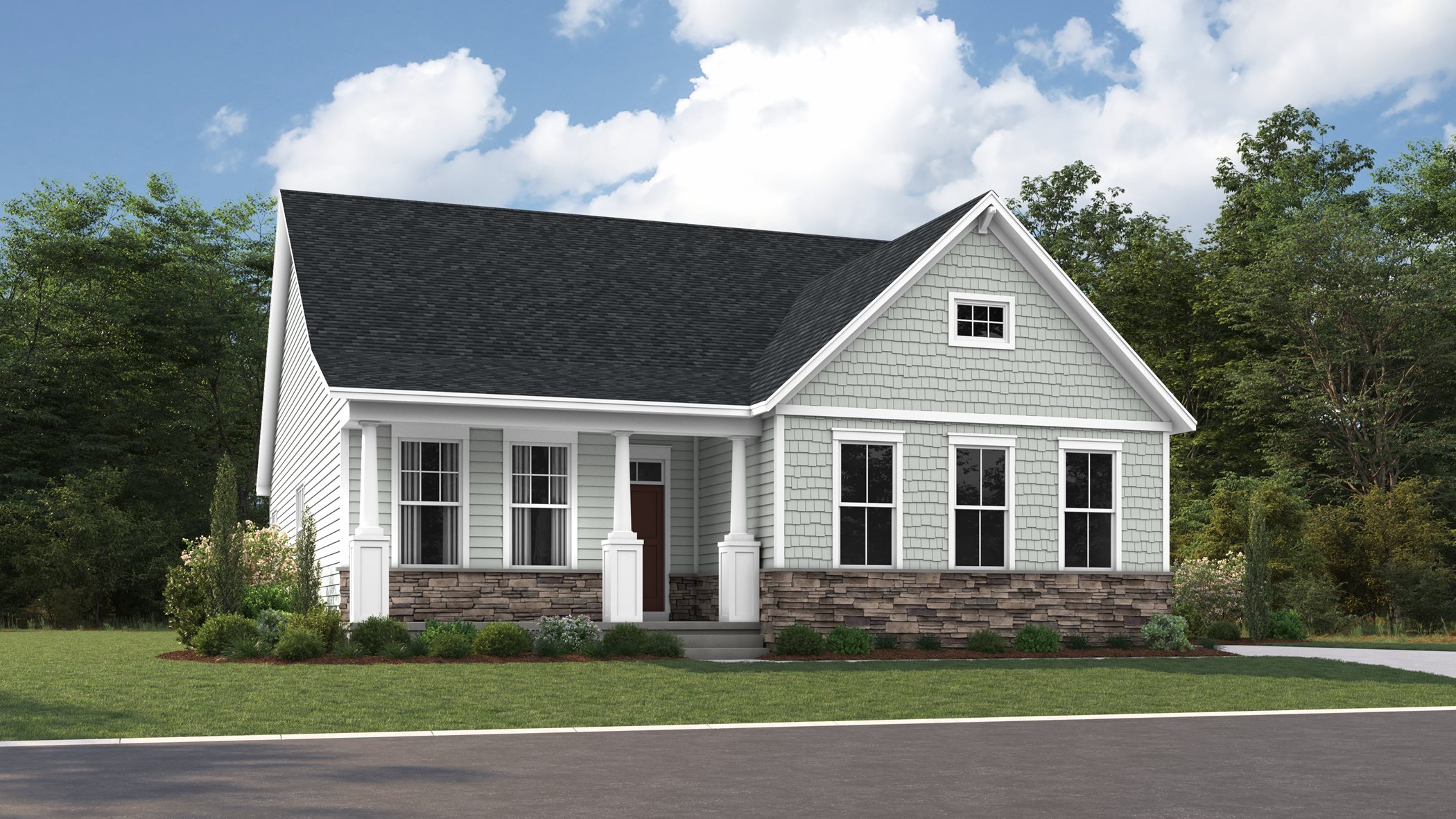  TEXT: Lexington Craftsman with Stone Watertable IMAGE; Exterior Rendering of Lexington Craftsman with Stonewatertable at Harpers Mill 