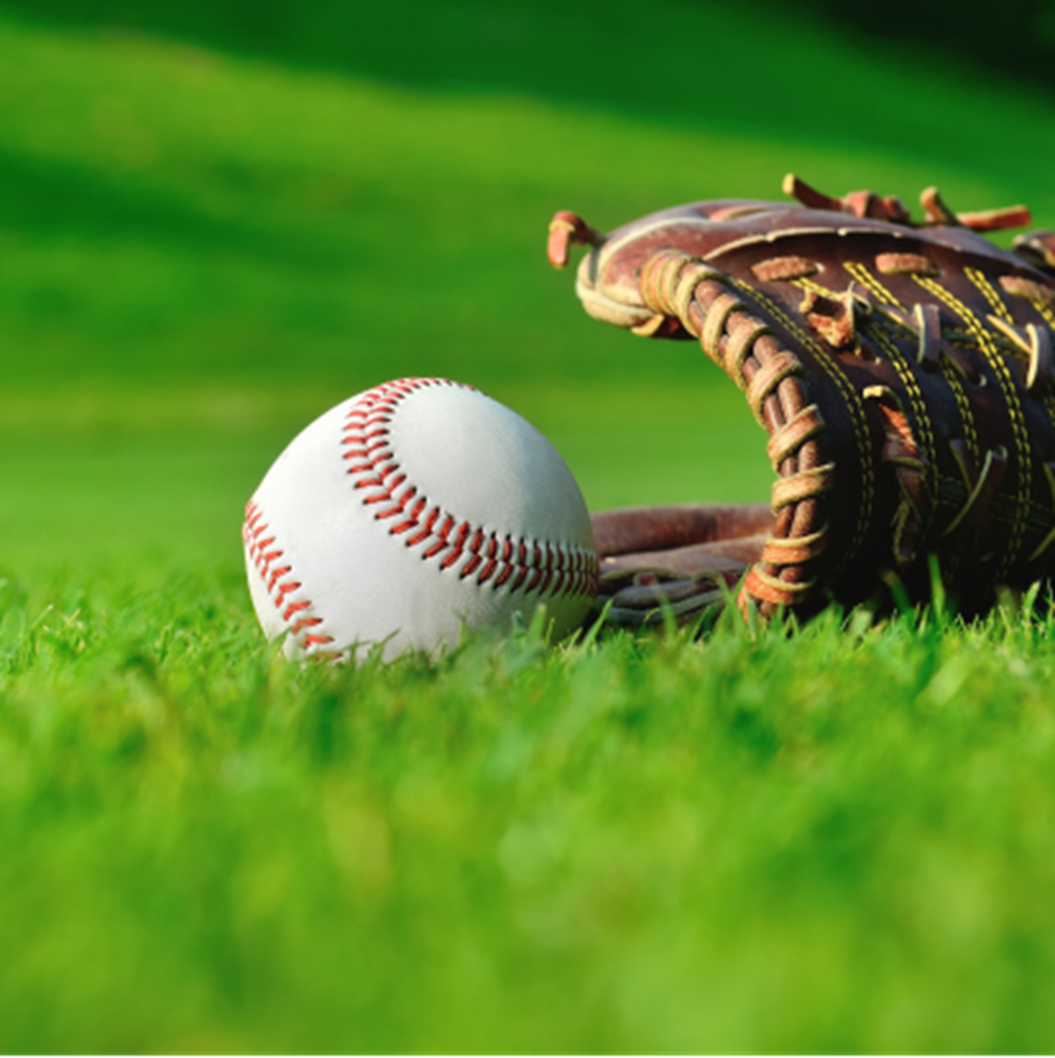 Baseball mitt and ball on grass lawn