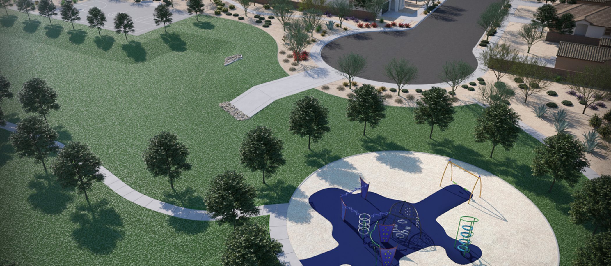 aerial of green space and playground