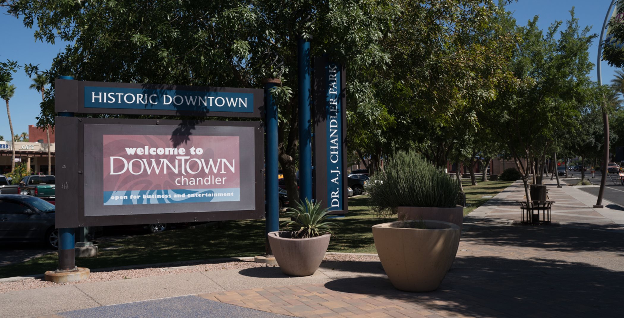 Downtown Chandler welcome sign. It reads; "Historic Downtown. Welcome to Downtown Chandler. Open for business and entertainment."