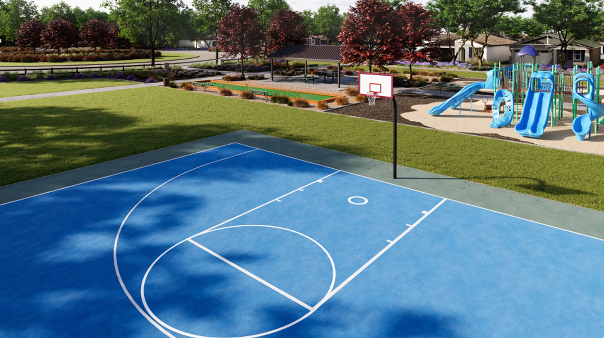 Blue basketball court and net