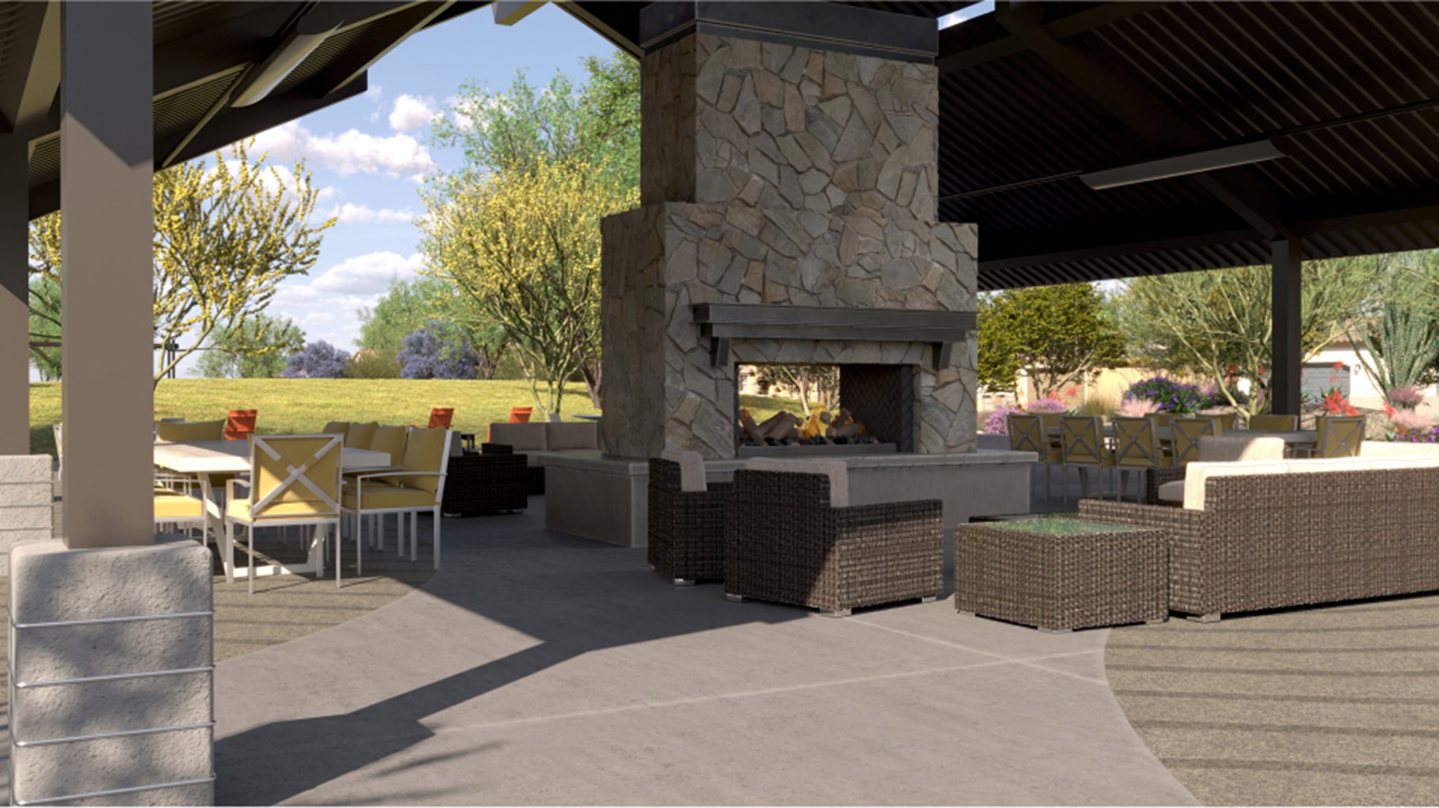 Shaded picnic area with fireplace
