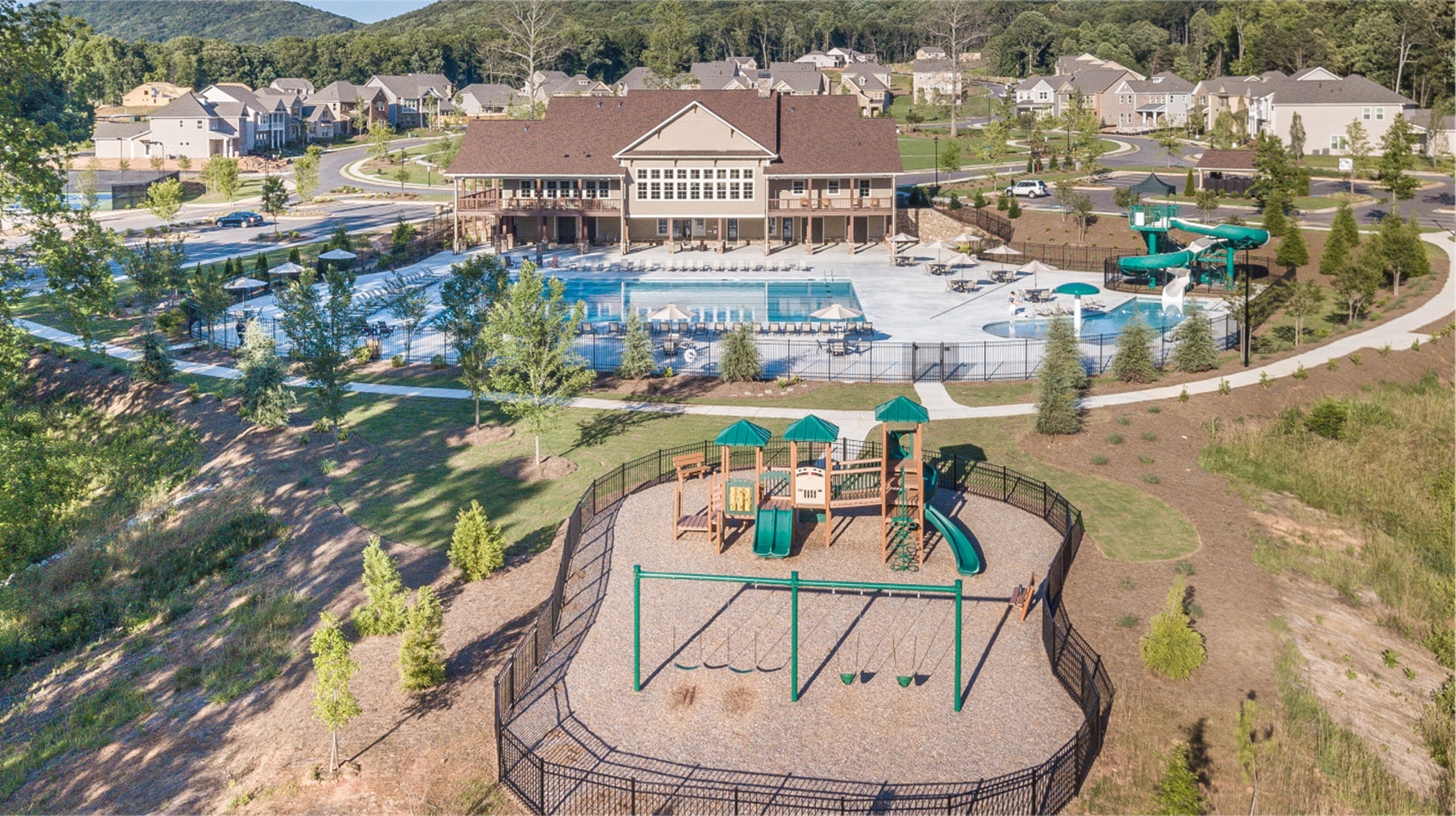 Community playground and pool aerial