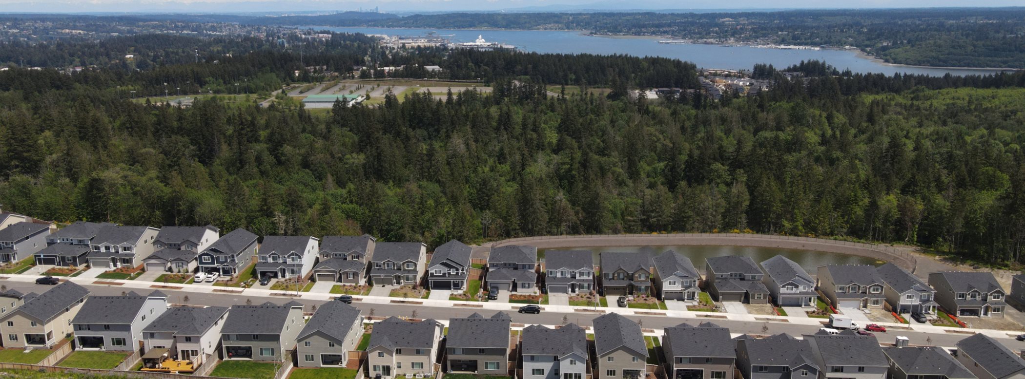 Aerial view of the community with homes and lots of trees