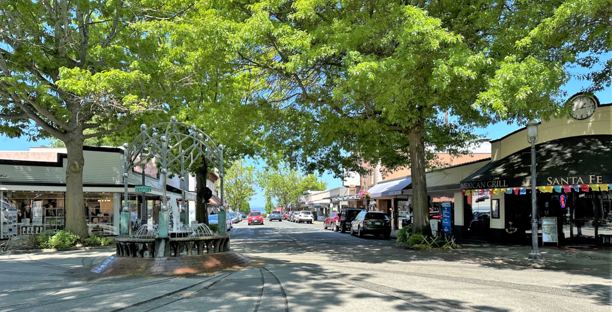 Shops on a tree-lined main street in Downtown Edmonds