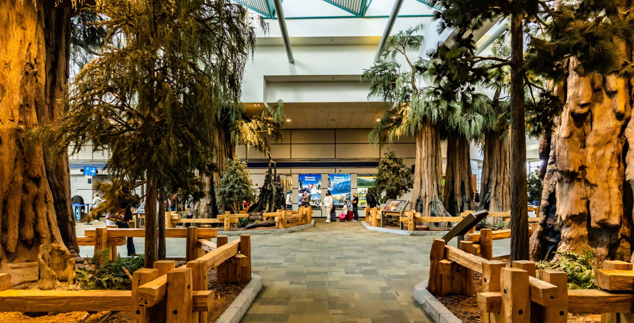 The Fresno Yosemite International Airport interior with sequoia trees