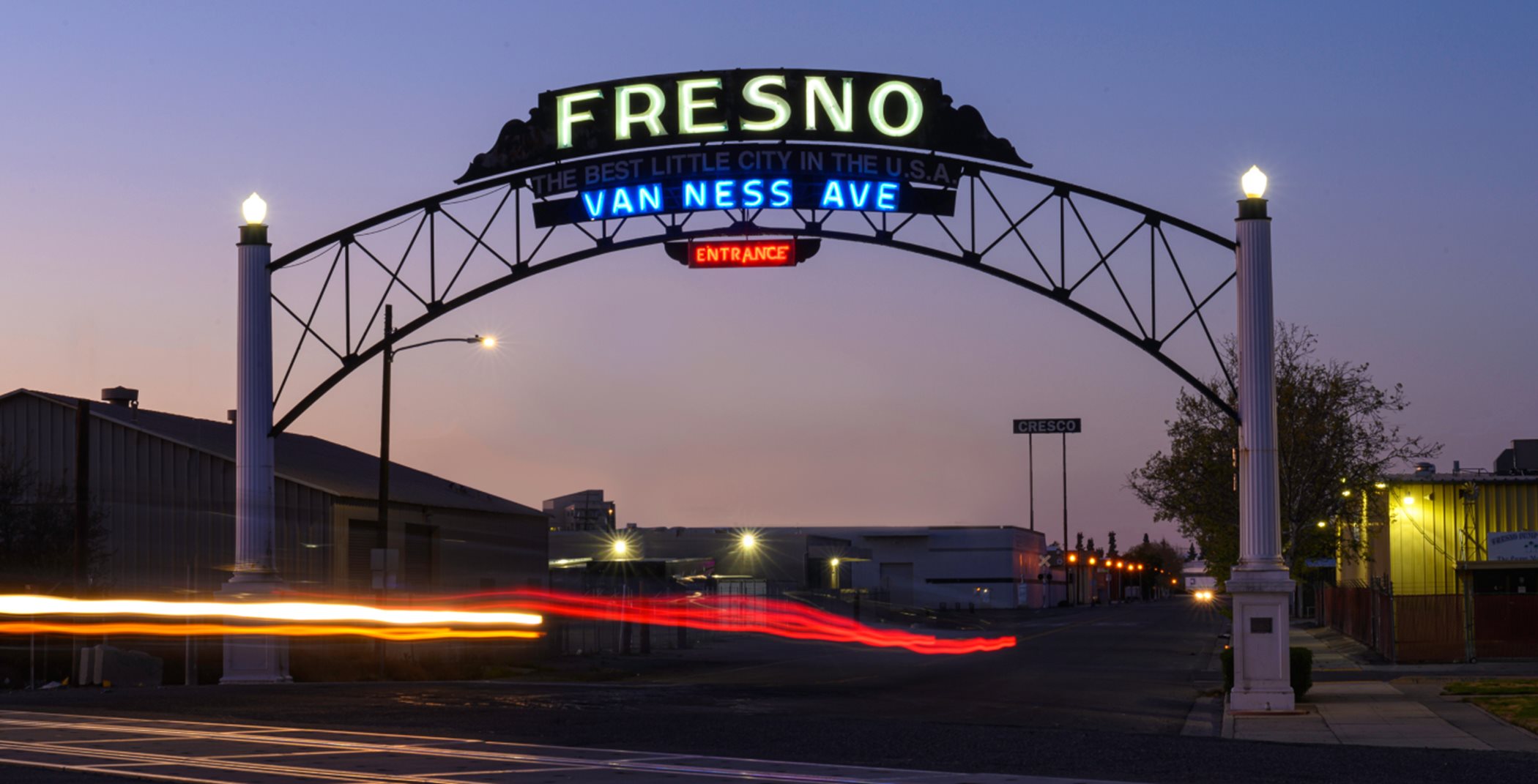 Fresno Van Ness Avenue Sign at dusk