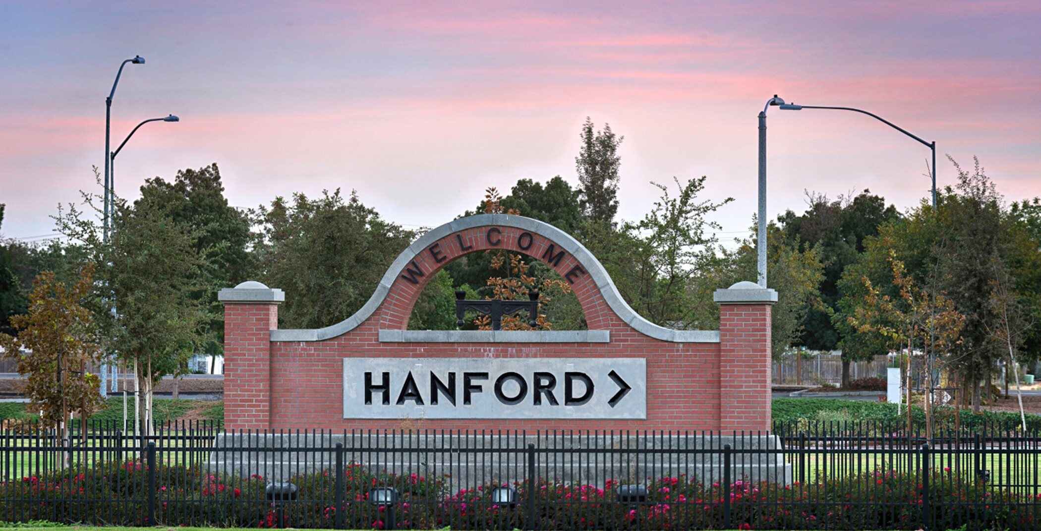 City of Hanford monument sign at dusk