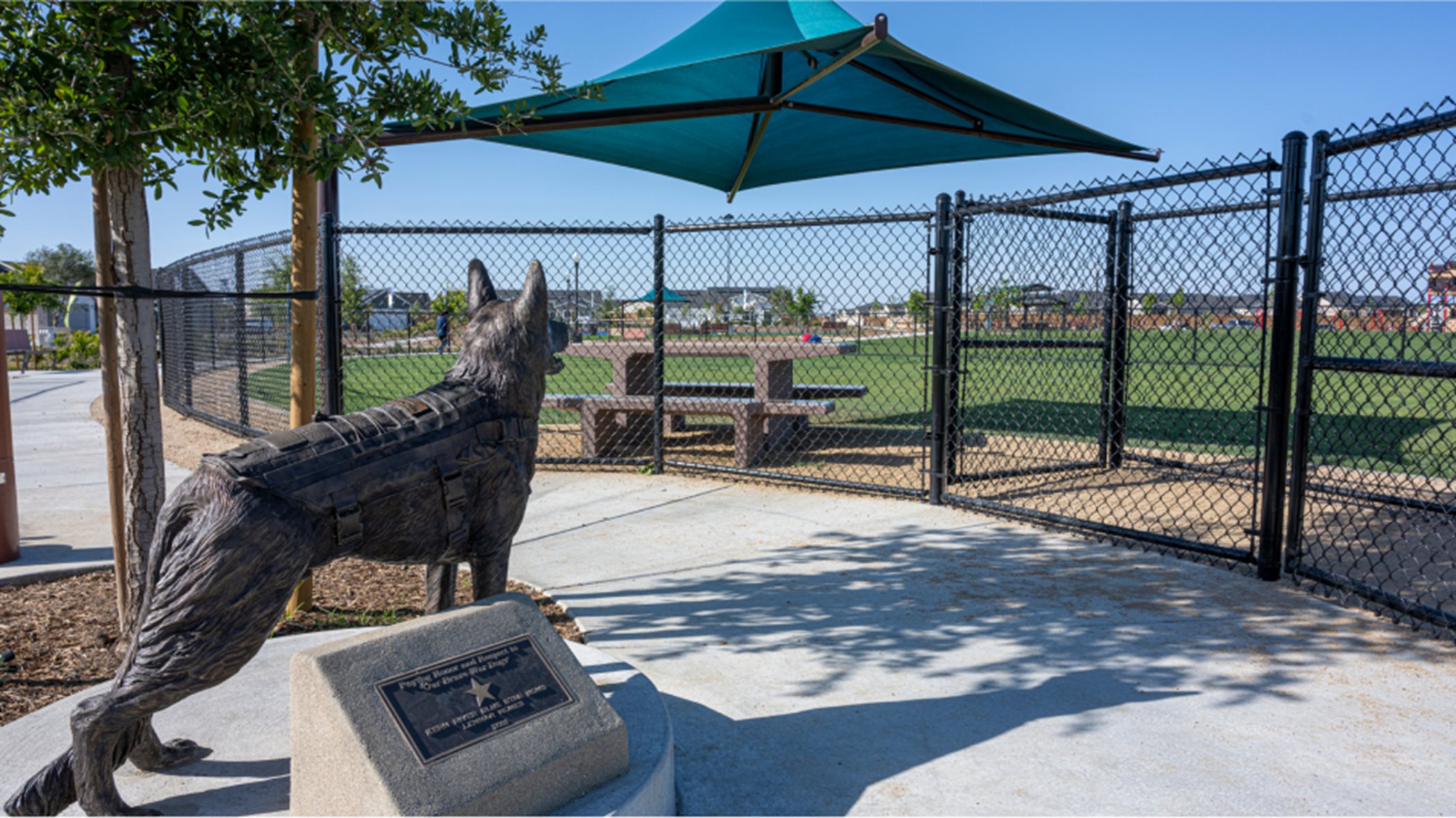shaded dog park with statue