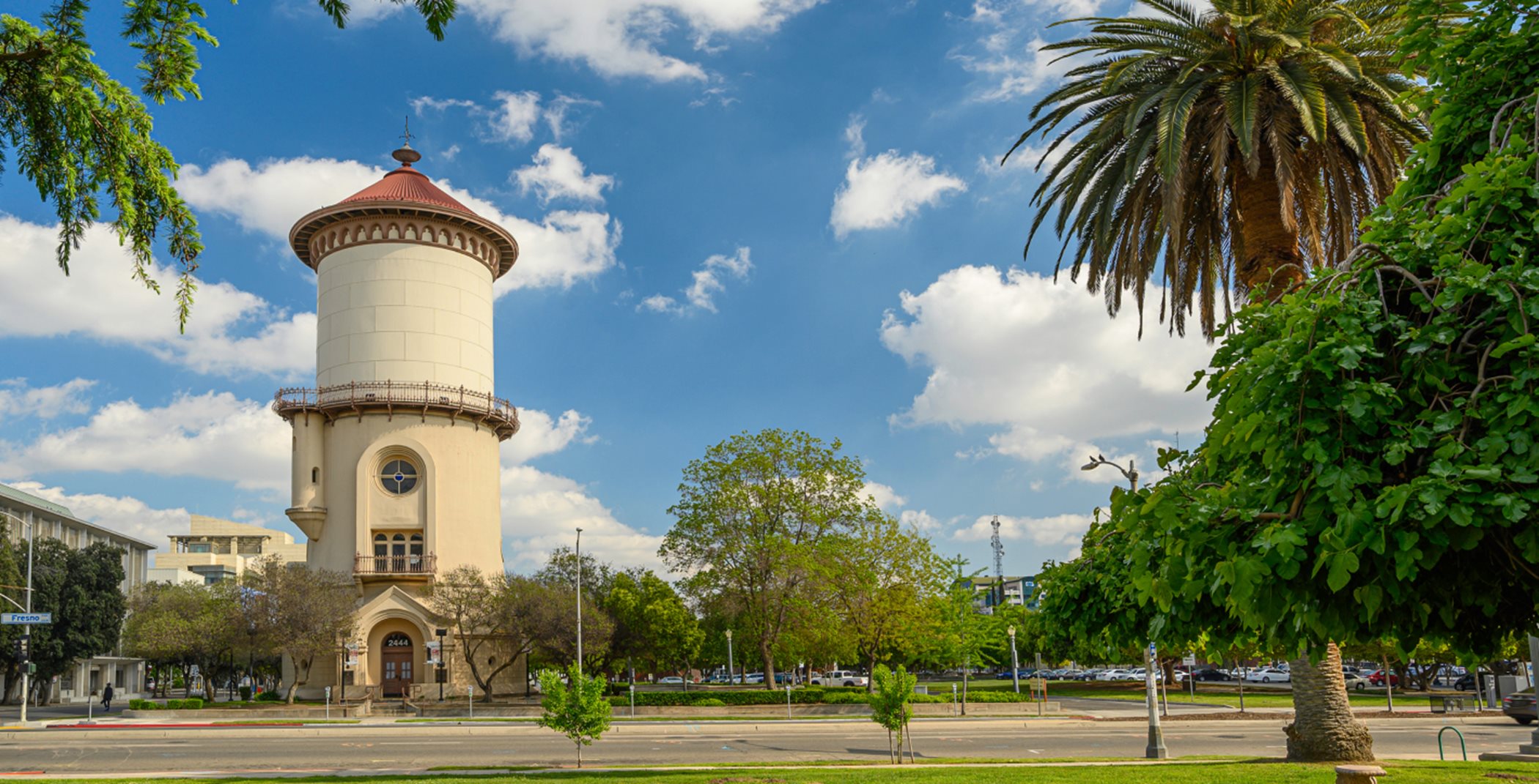 Historic Fresno Water Tower in blue skies