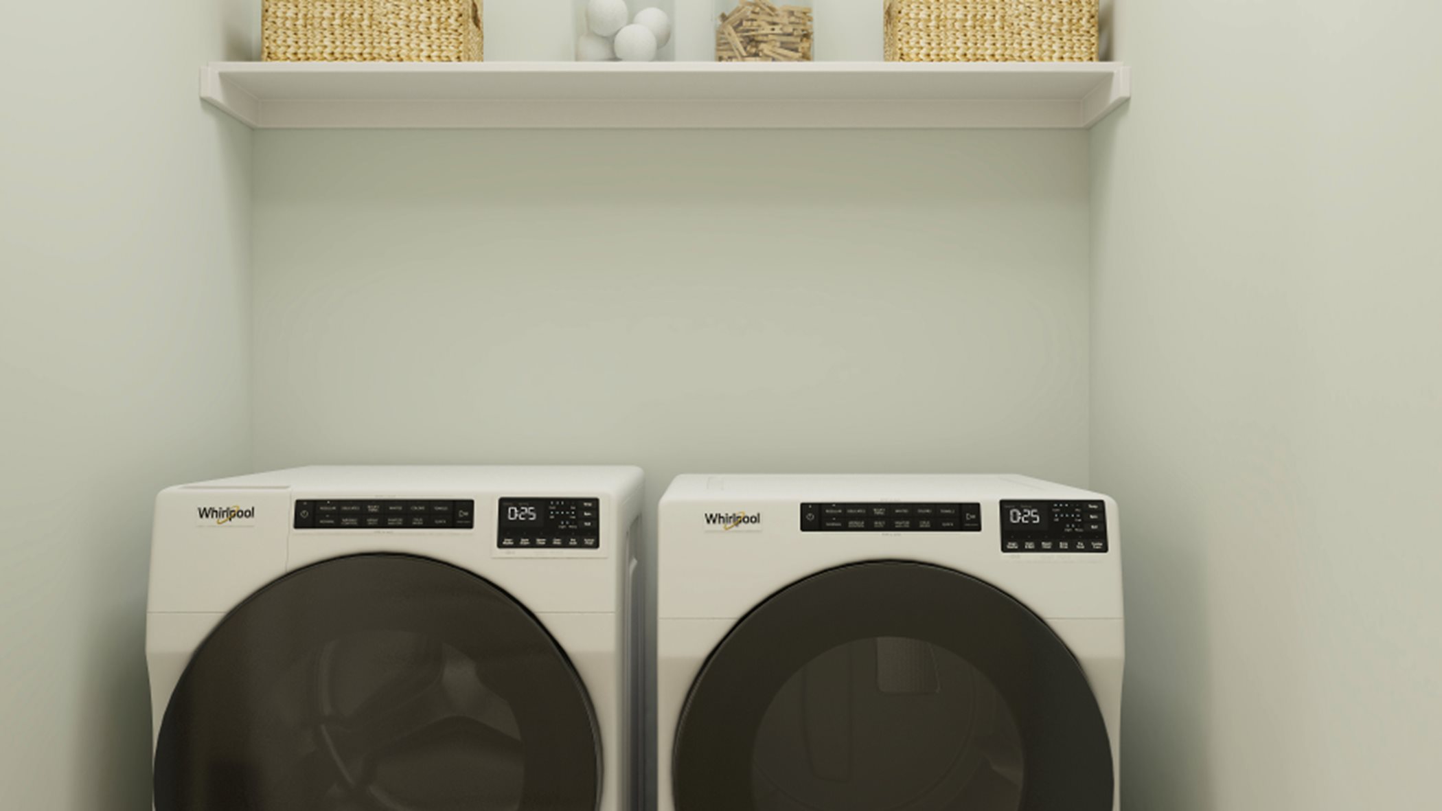 Laundry room with overhead shelving and washer and dryr
