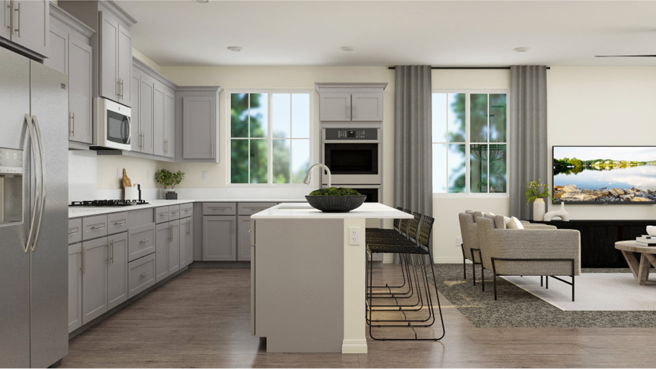Kitchen island, cabinets, and appliances
