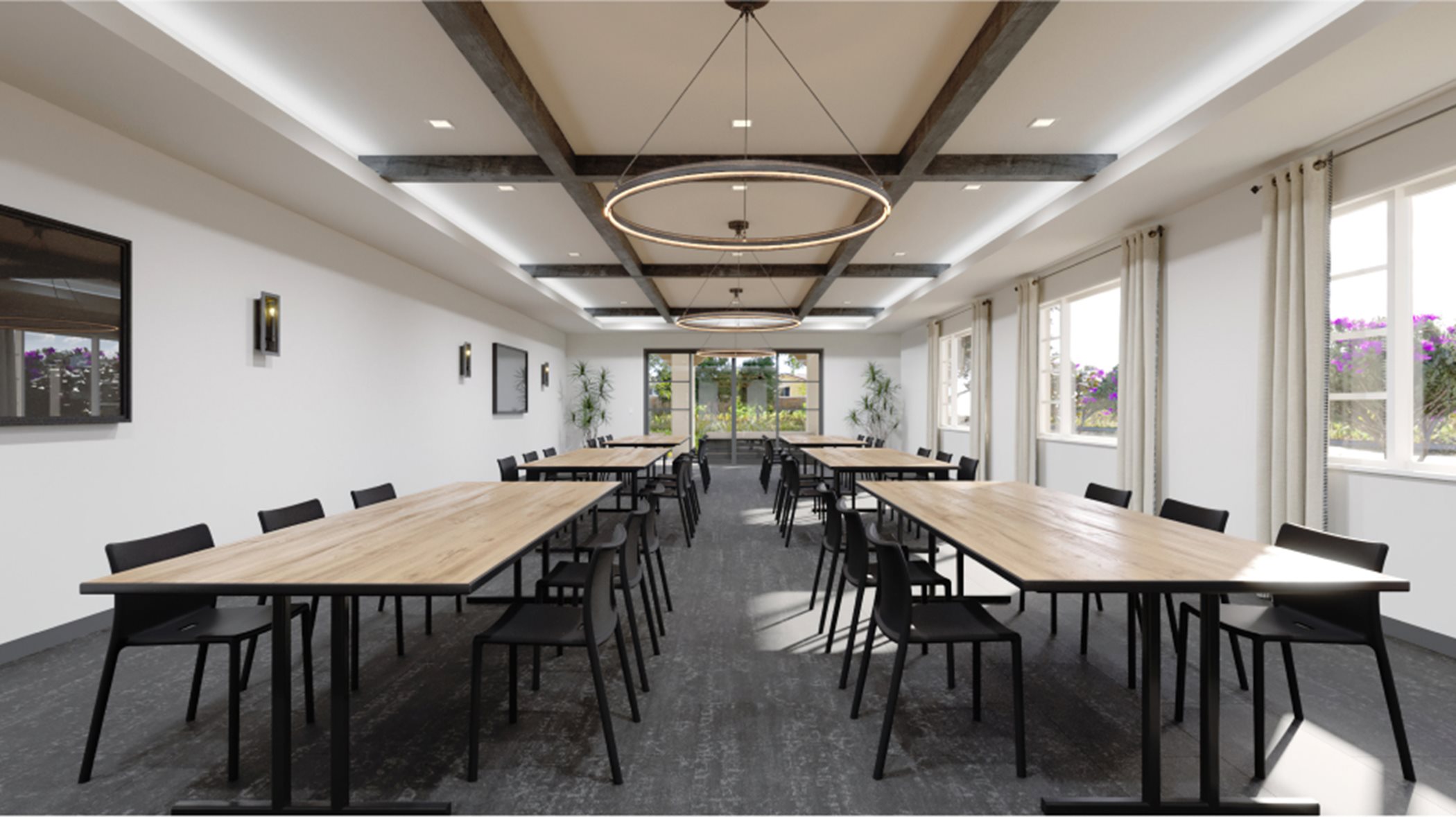 Clubroom for meetings or other gatherings with tables and chairs