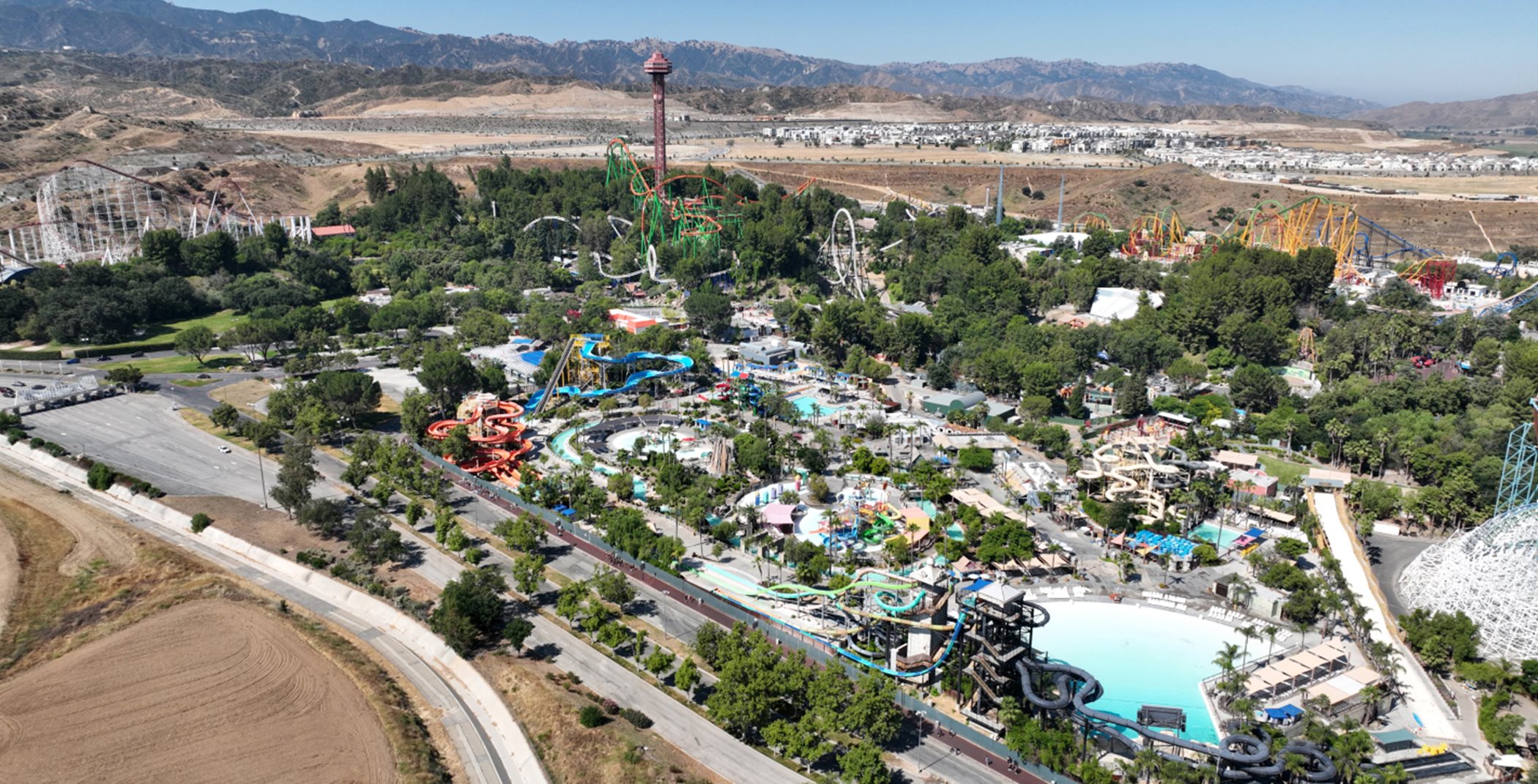 Aerial view of Six Flags theme park in Valencia