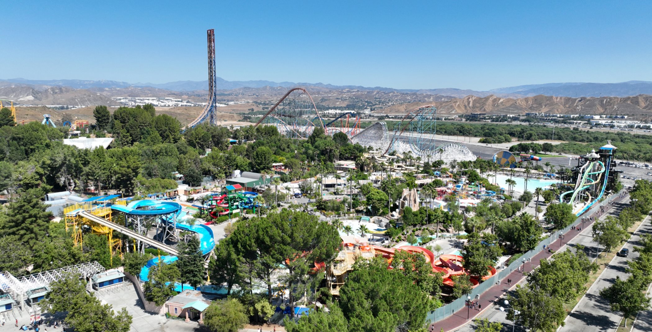 Aerial view of the rides at Six Flags
