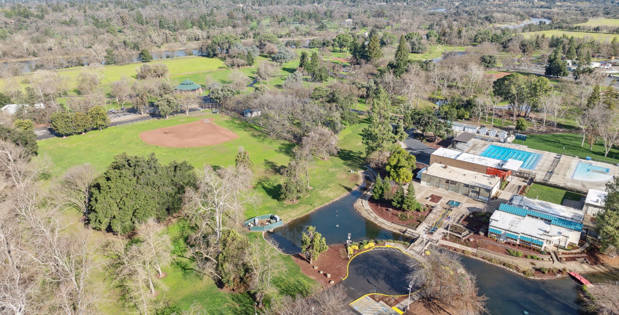 Aerial view of the park showing the baseball field and recreational buildings