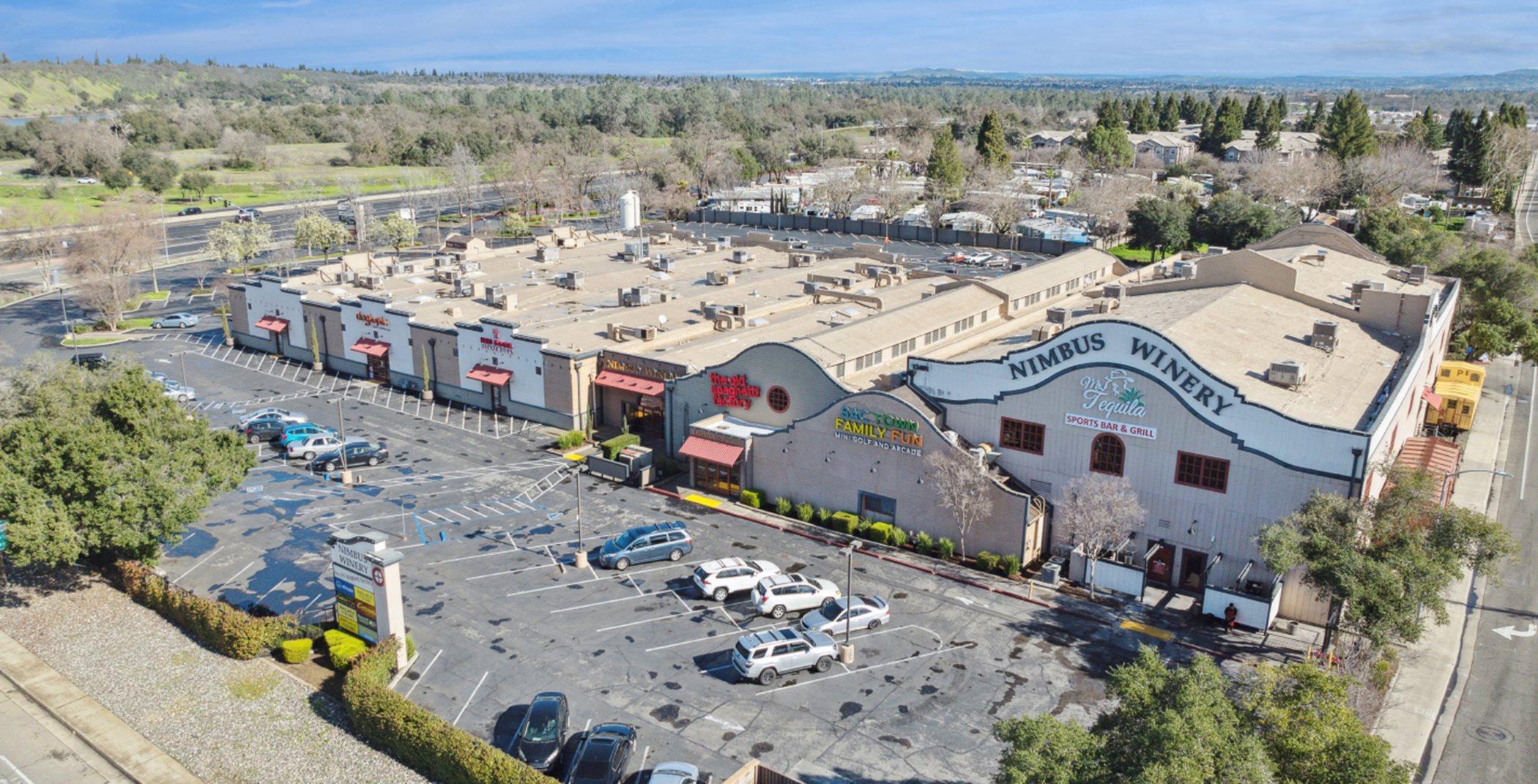 Aerial view of the building and parking lot