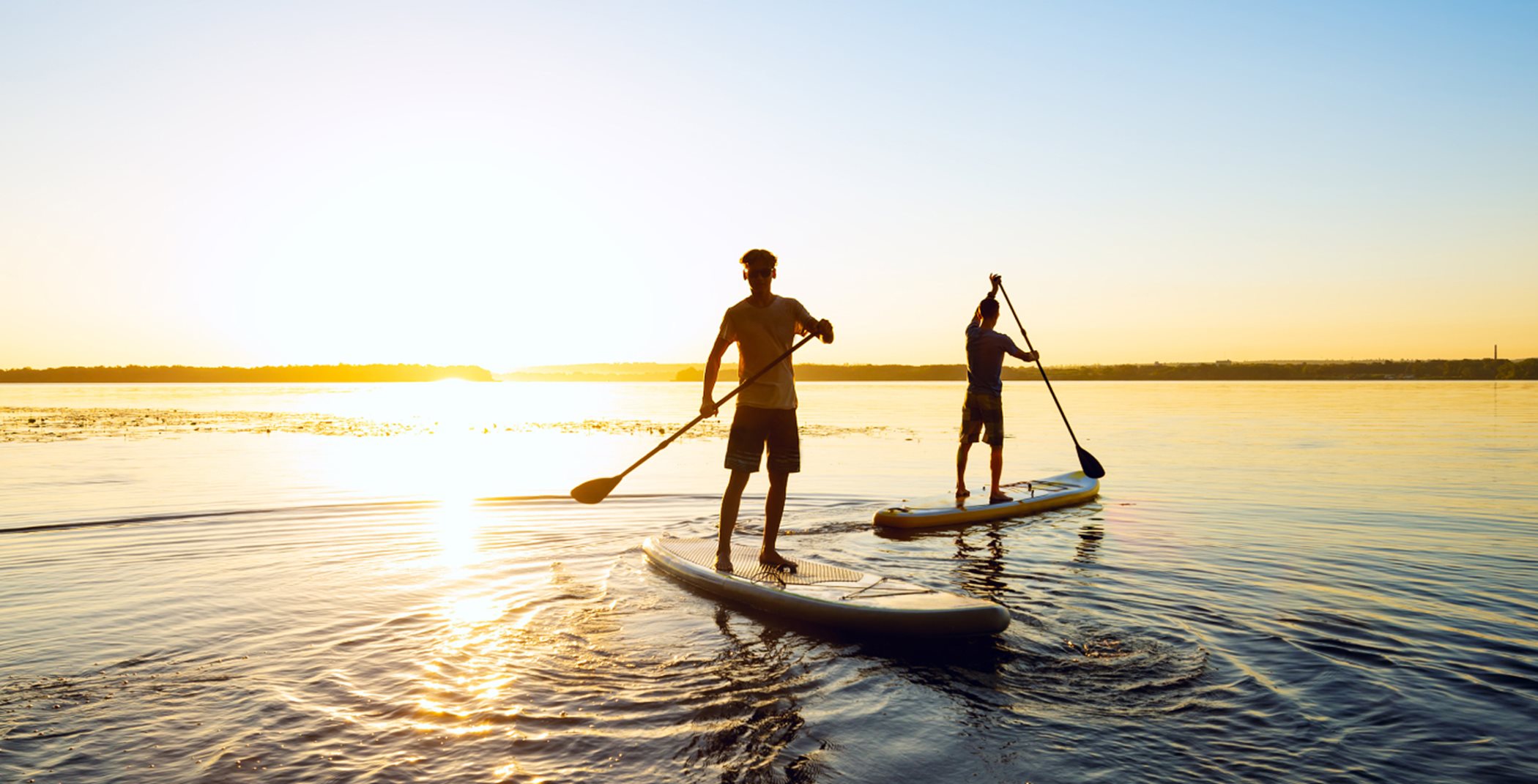 Men paddleboarding at sunset