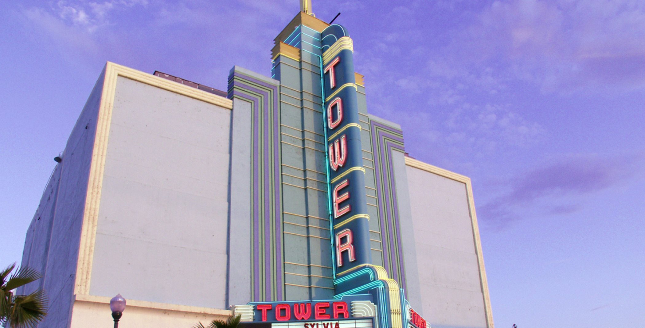 The Tower Theater at dusk