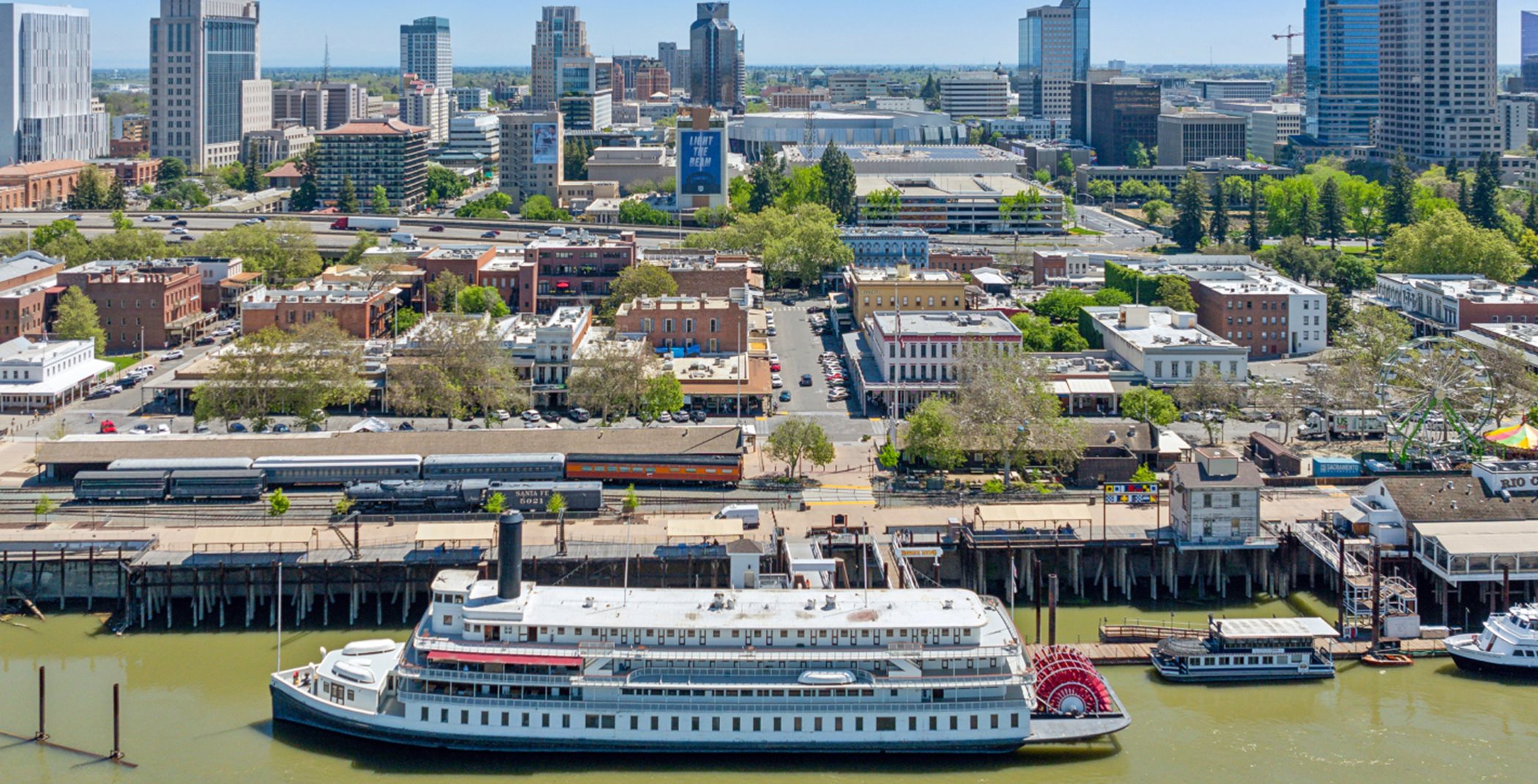 Aerial view of a boat at the Old Sacramento Waterfront
