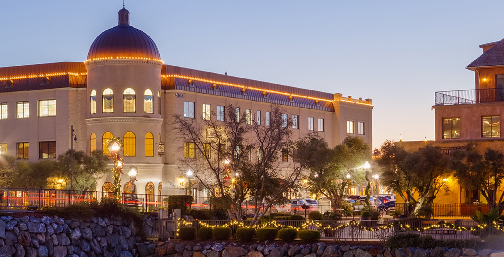  El Dorado Hills Town Center at dusk with holiday lights