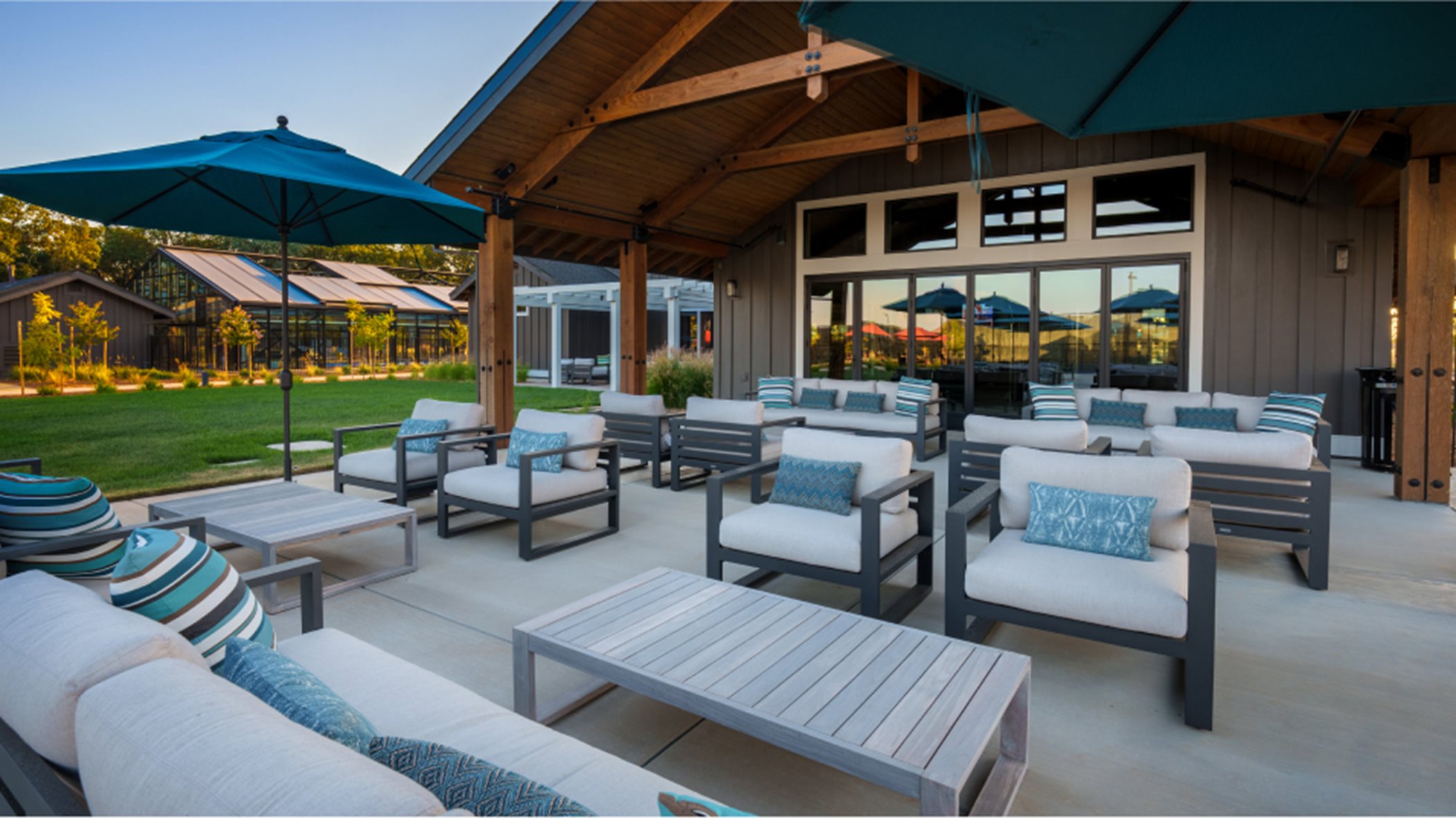 Outdoor seating area next to the clubhouse