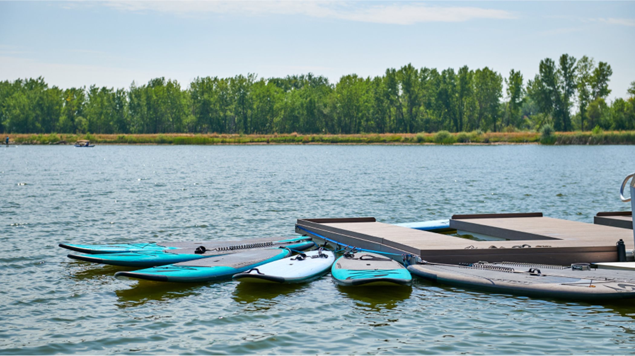 Barefoot Lakes lake amenity with paddle boards in water