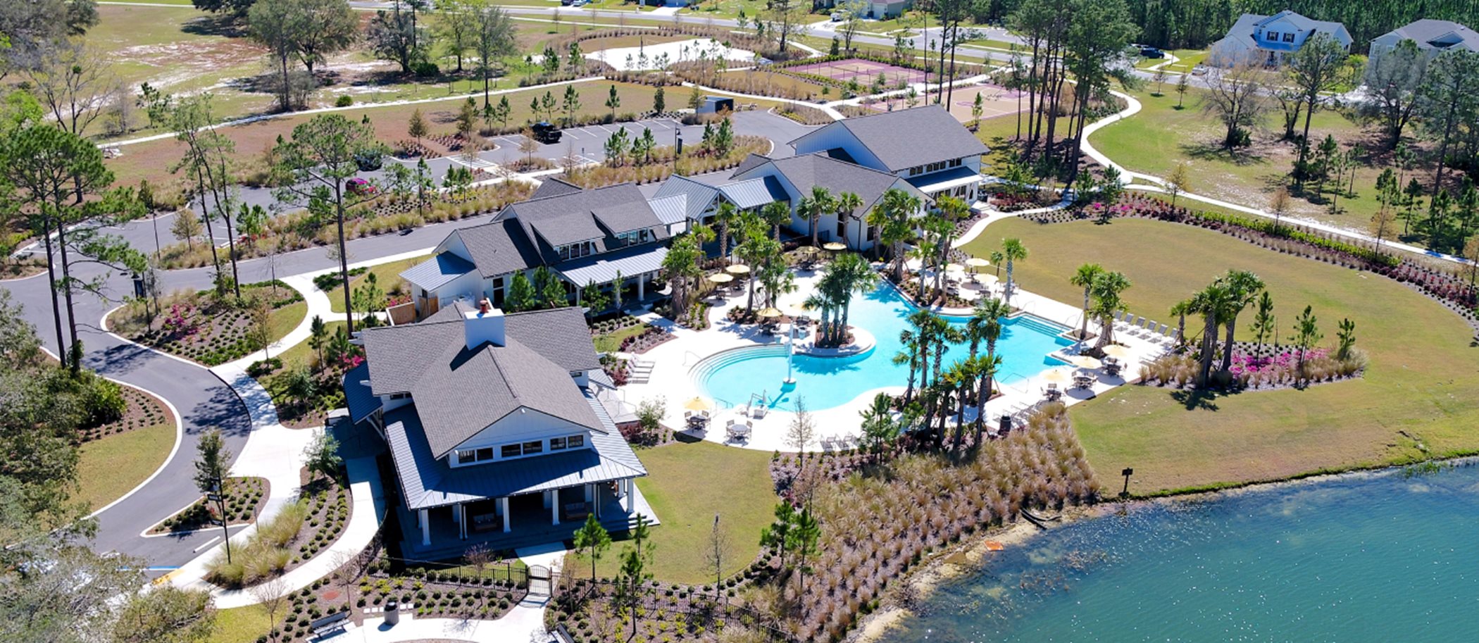 Aerial view of Trailmark Clubhouse and swimming pool