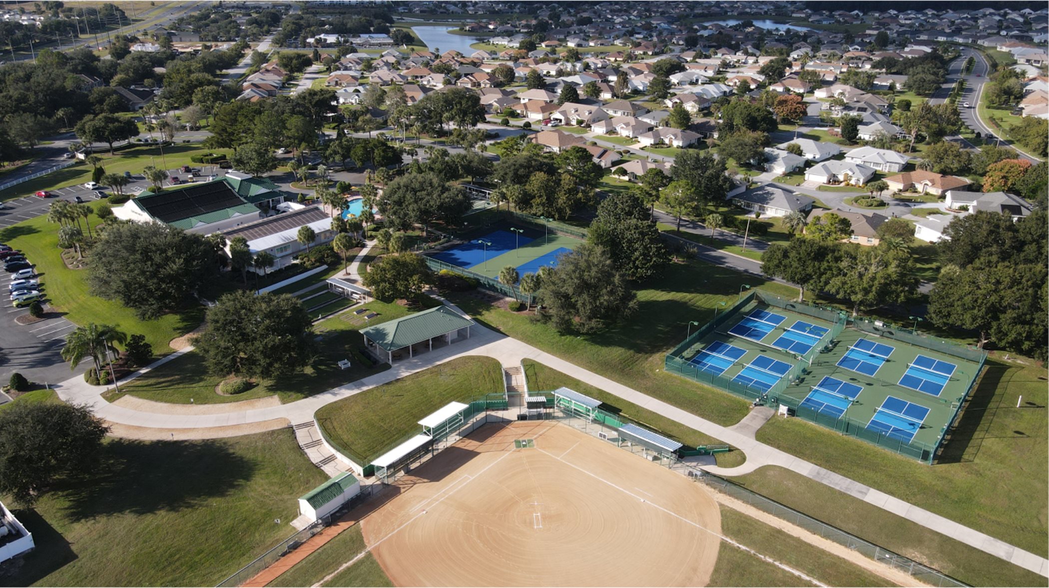 Drone shot of baseball field and sports courts
