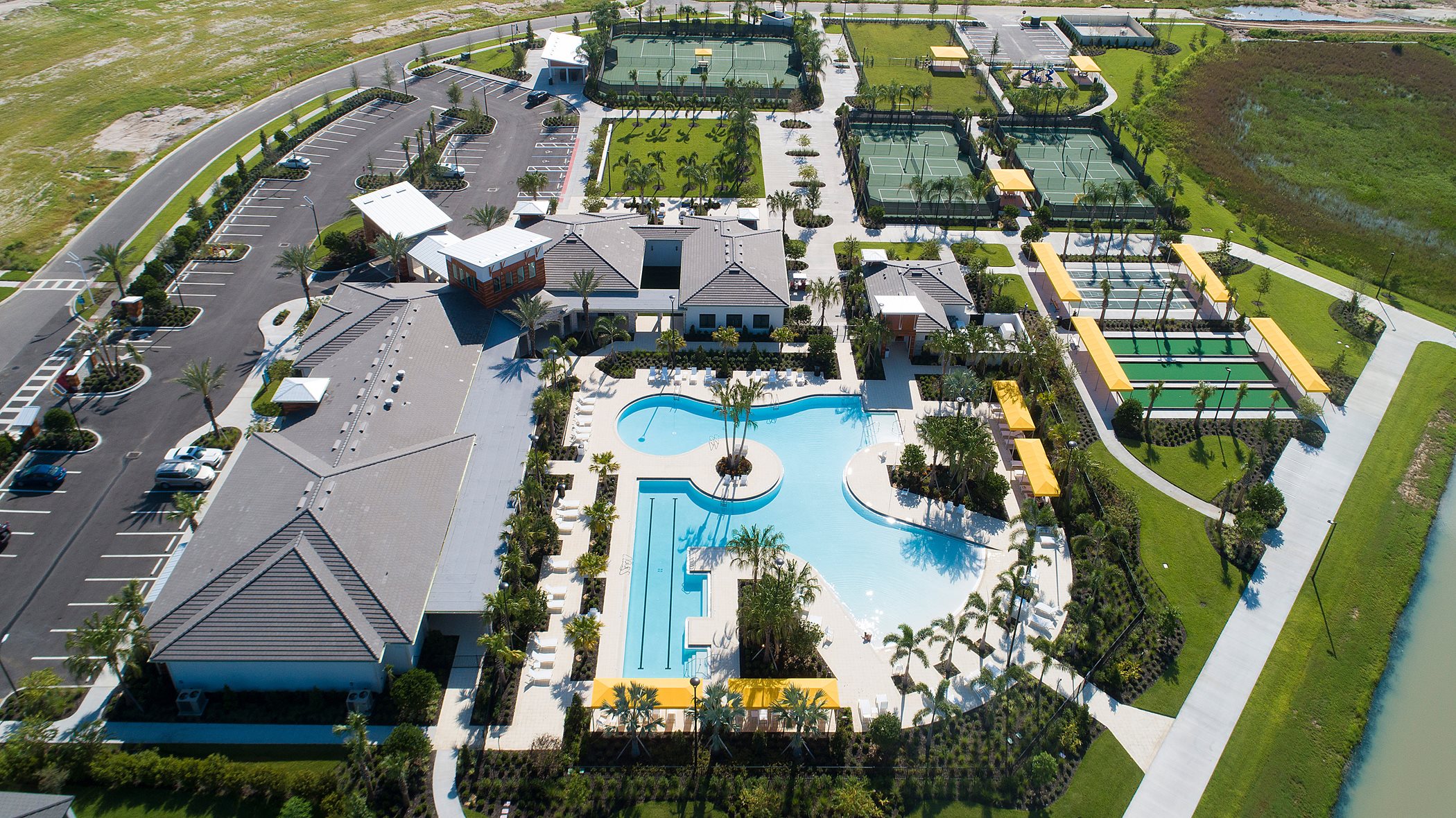 Drone view of Medley at Mirada clubhouse and amenities