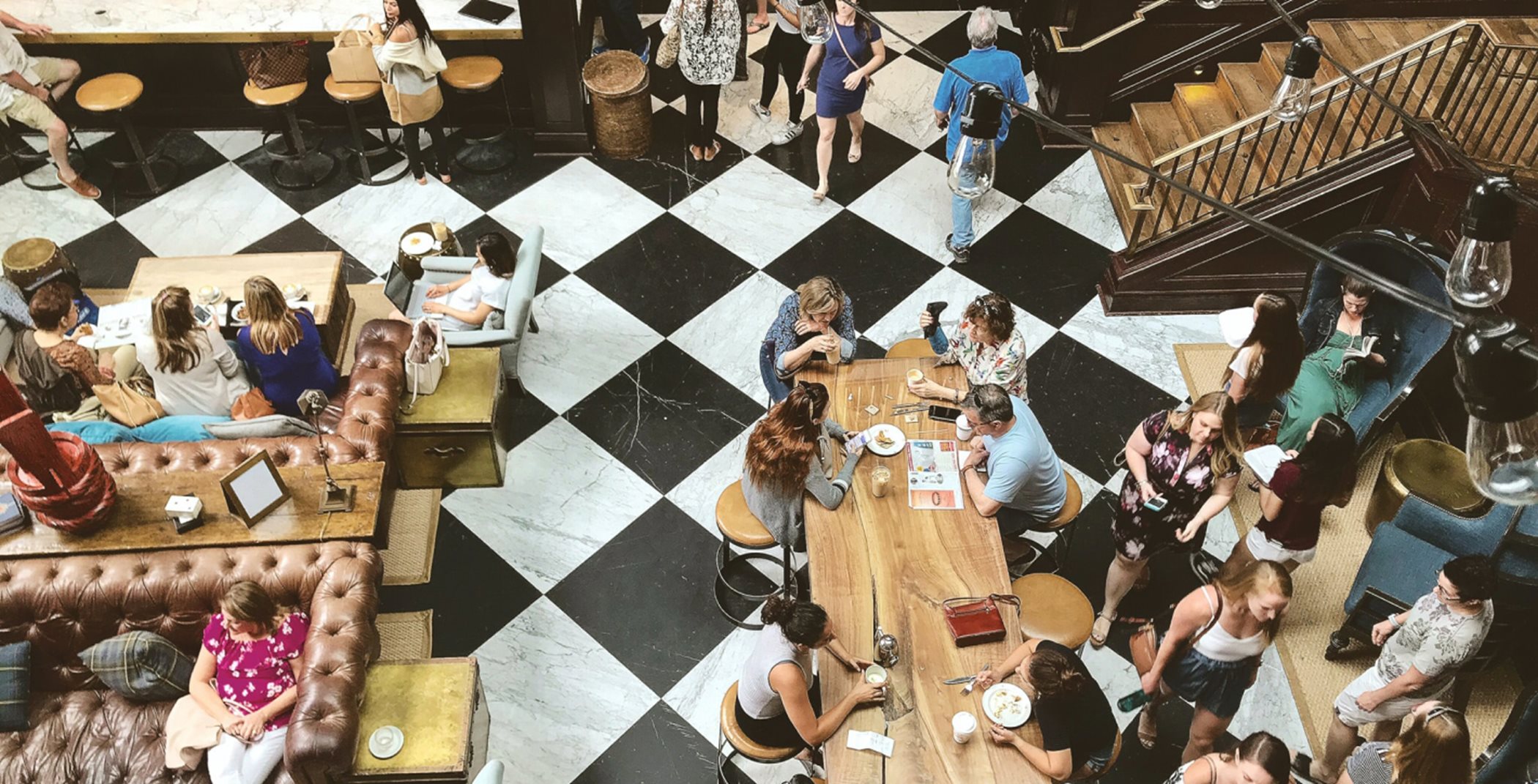 Aerial view of people eating at Oxford Exchange