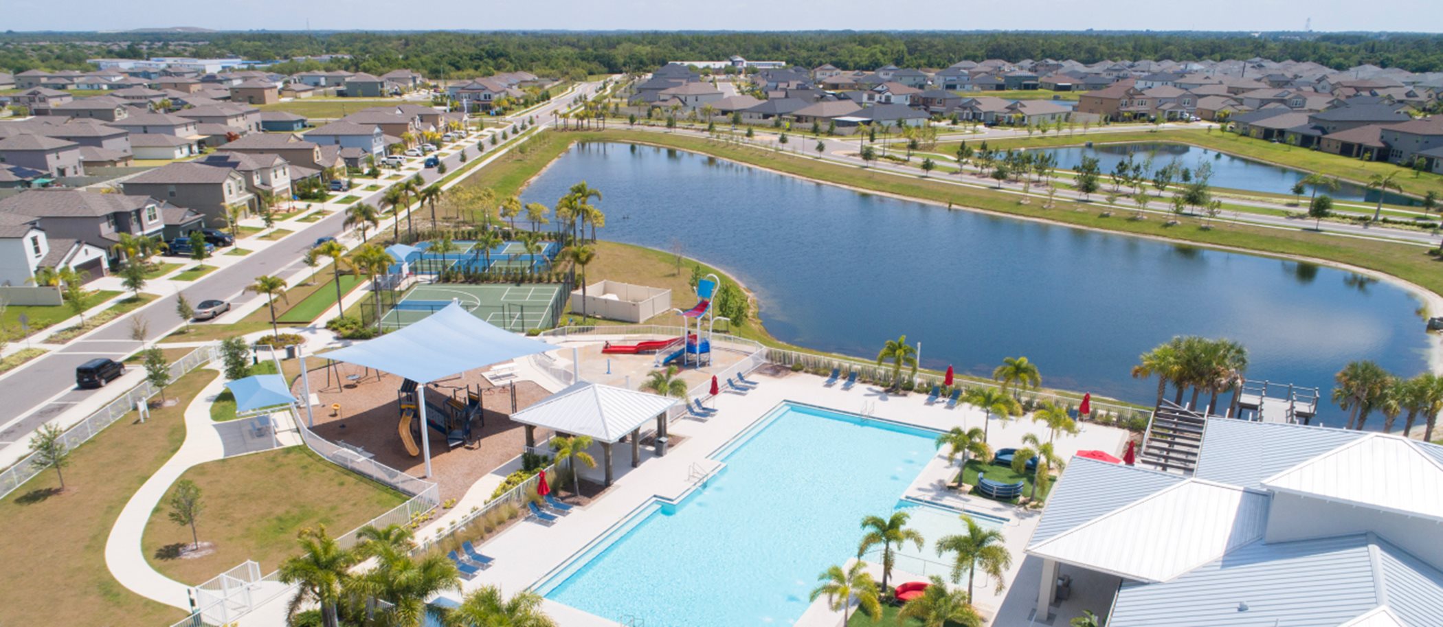 Aerial view of Cypress Mill clubhouse and pool