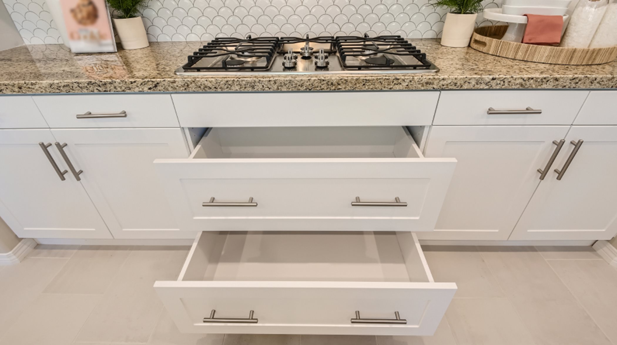 Open drawers in the kitchen