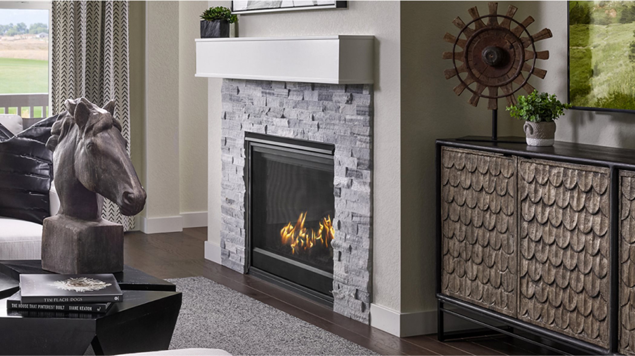 Fireplace with stone surround