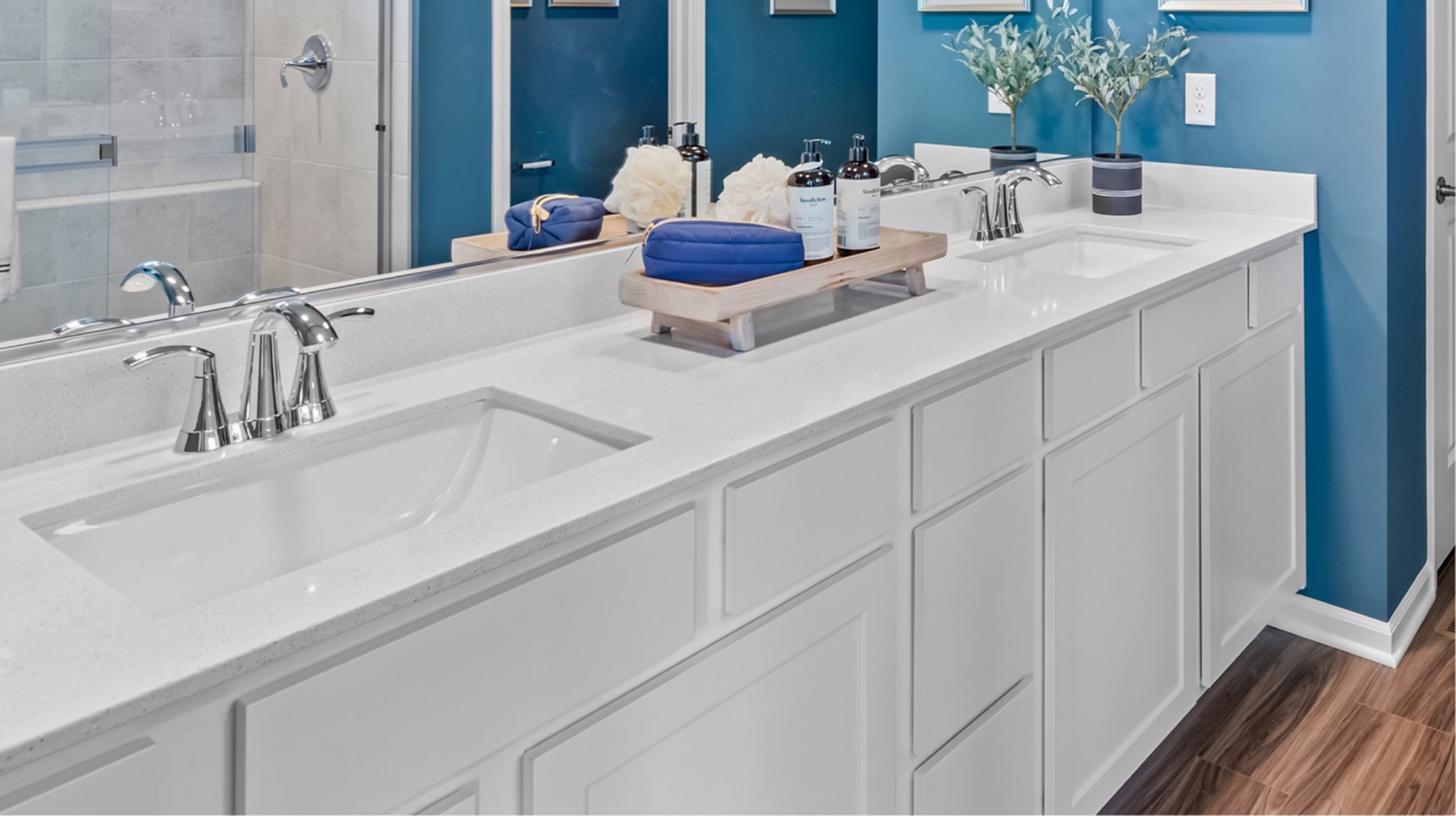 Quartz vanity countertops with dual white undermount bowls double lever faucets