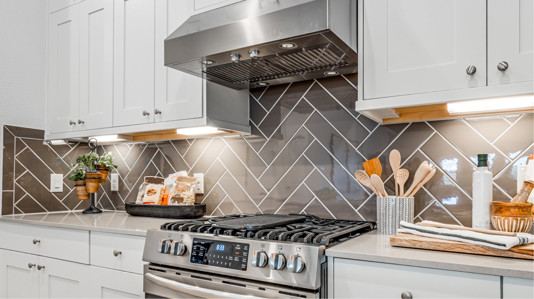 stainless steel gas range and under-cabinet hood 