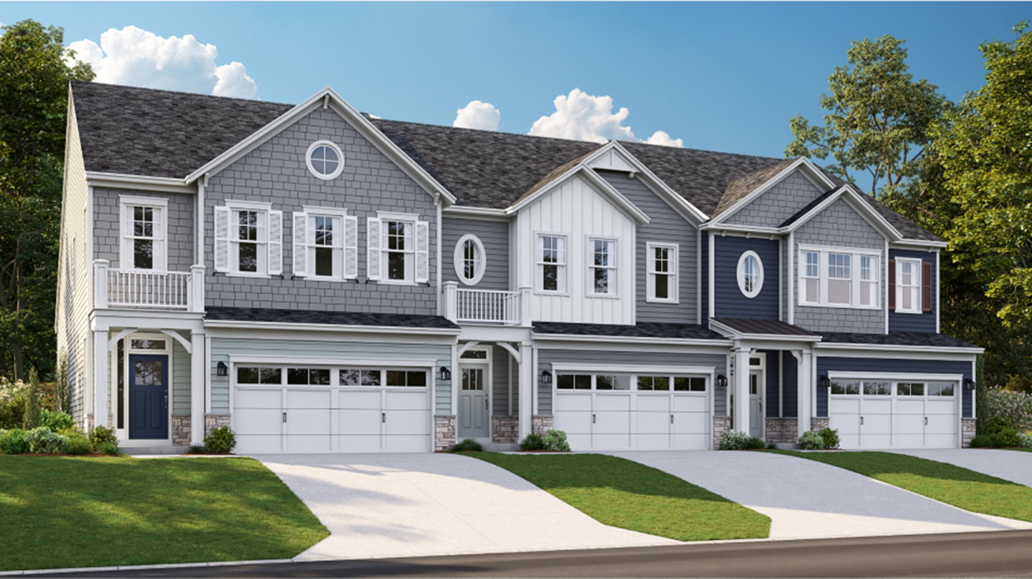 A row of townhomes in the Lafayette plan at Peninsula