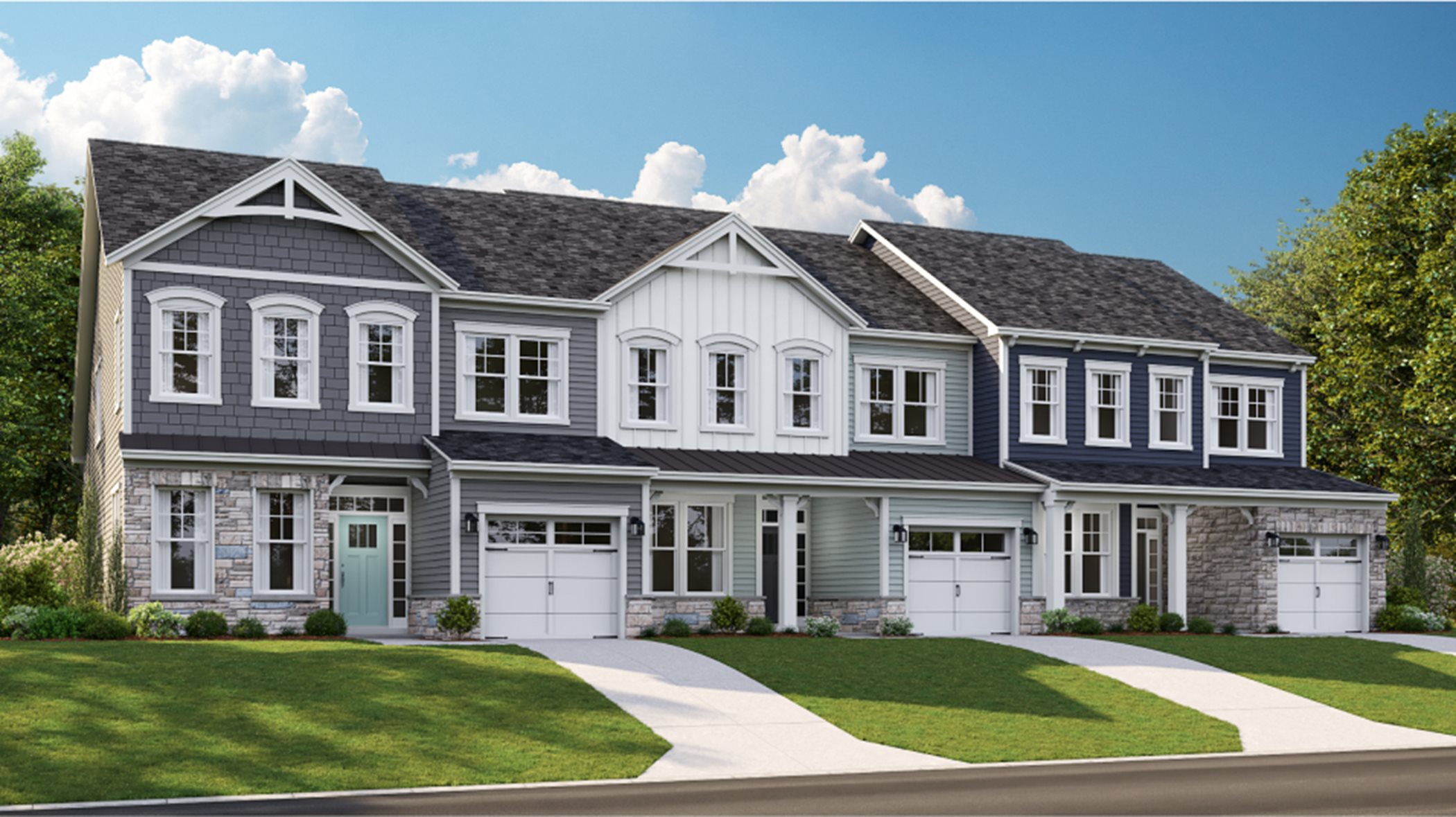 A row of townhomes in the Jefferson floorplan at Peninsula