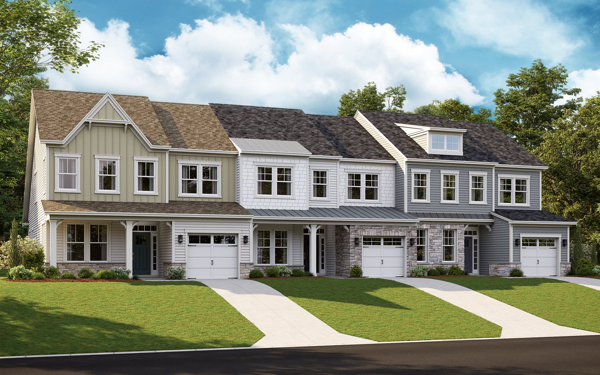 Row of townhomes in the Jennings plan at Amblebrook