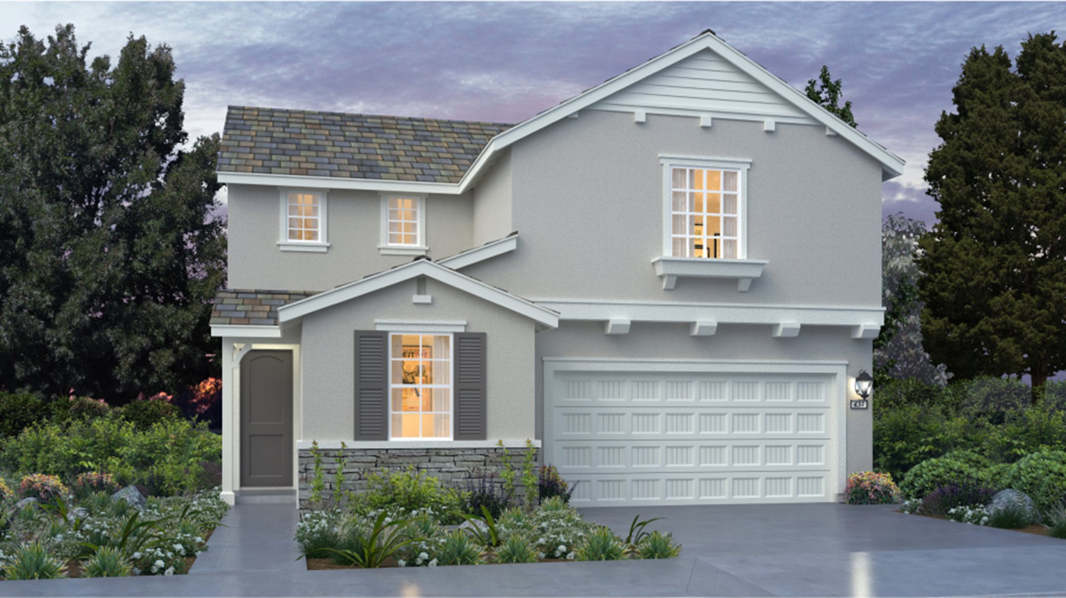 Stone accents, window shutters and a gable roof come together to provide serious curb appeal