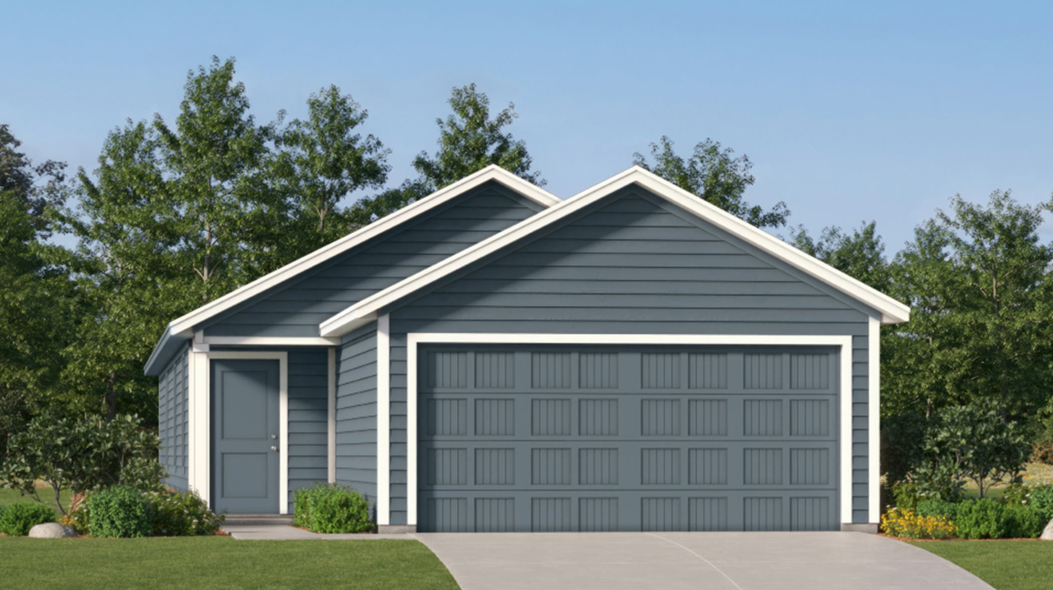 Exterior with Overlapping gable roof peaks, horizontal lap siding and a covered entryway