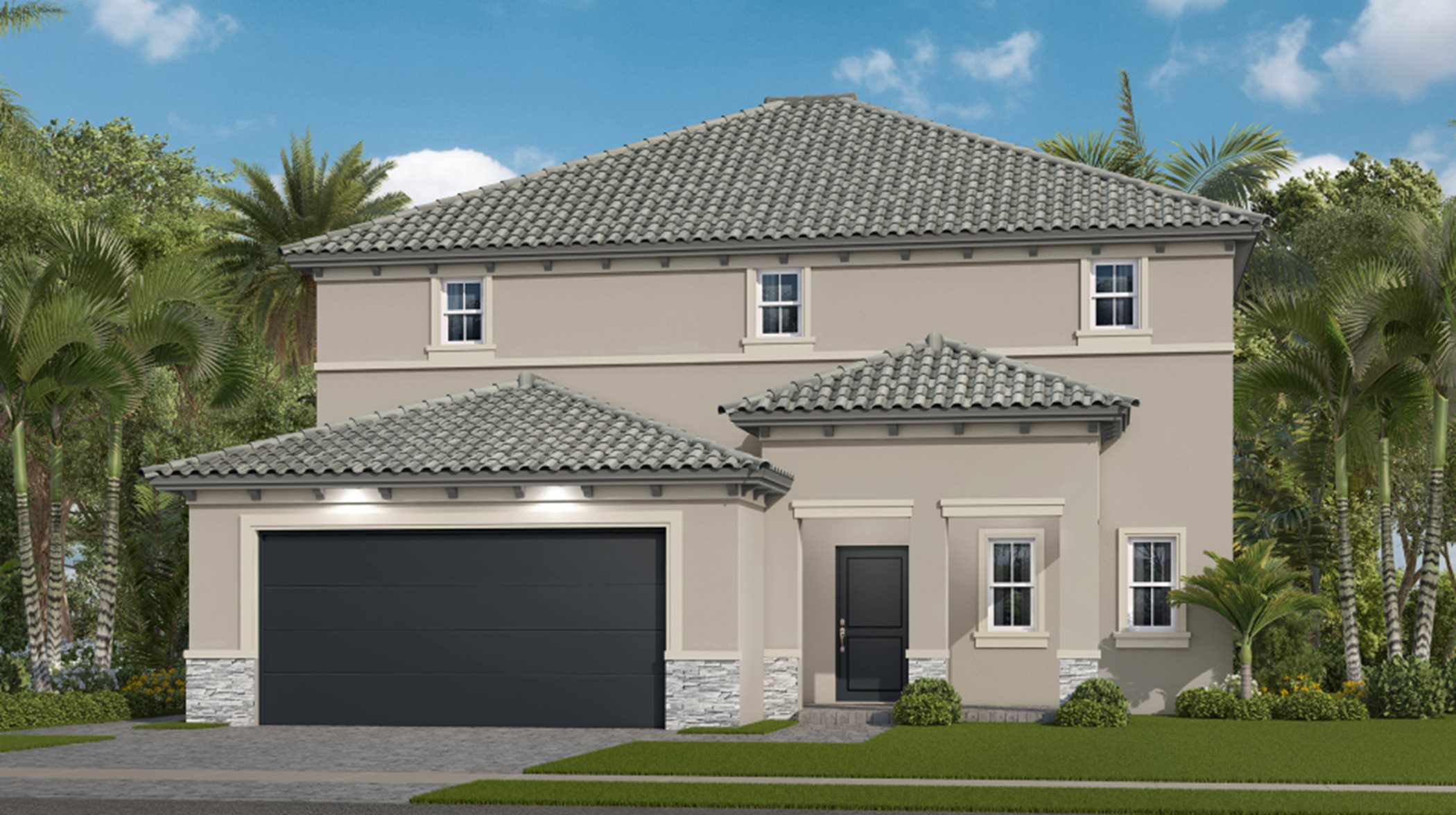 Exterior with A low hipped roofline, stucco siding and stone accents